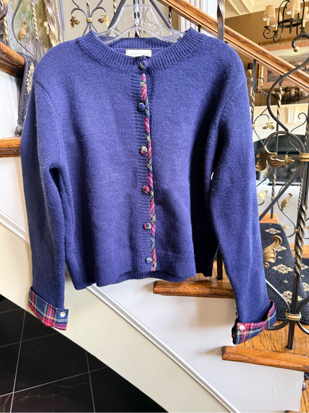 Entro Navy Cardigan Sweater. Tartan Trim , cuffs buttons. S EUC Worn 1x